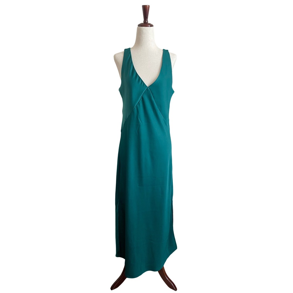 NWT Y2K Babydoll Satin Maxi Slip Dress Green Side Slit Medium Event Formal Chic